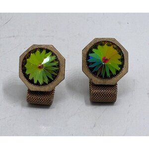 Vintage Rivoli Watermelon Glass Stone Cufflinks With Gold-Tone Mesh Wrap Design
